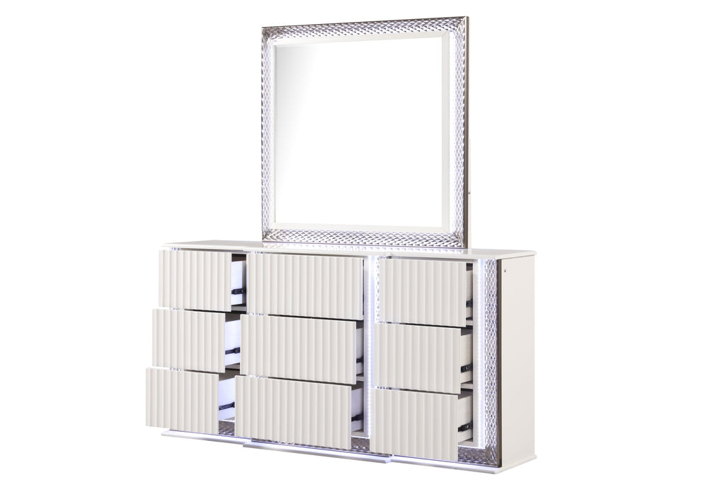 Fabio Contemporary Style Queen 5PC Bedroom set Made with Diamond-Shaped Side Accents, LED Lighting and Wood in White Finish (NJ INVENTORY)