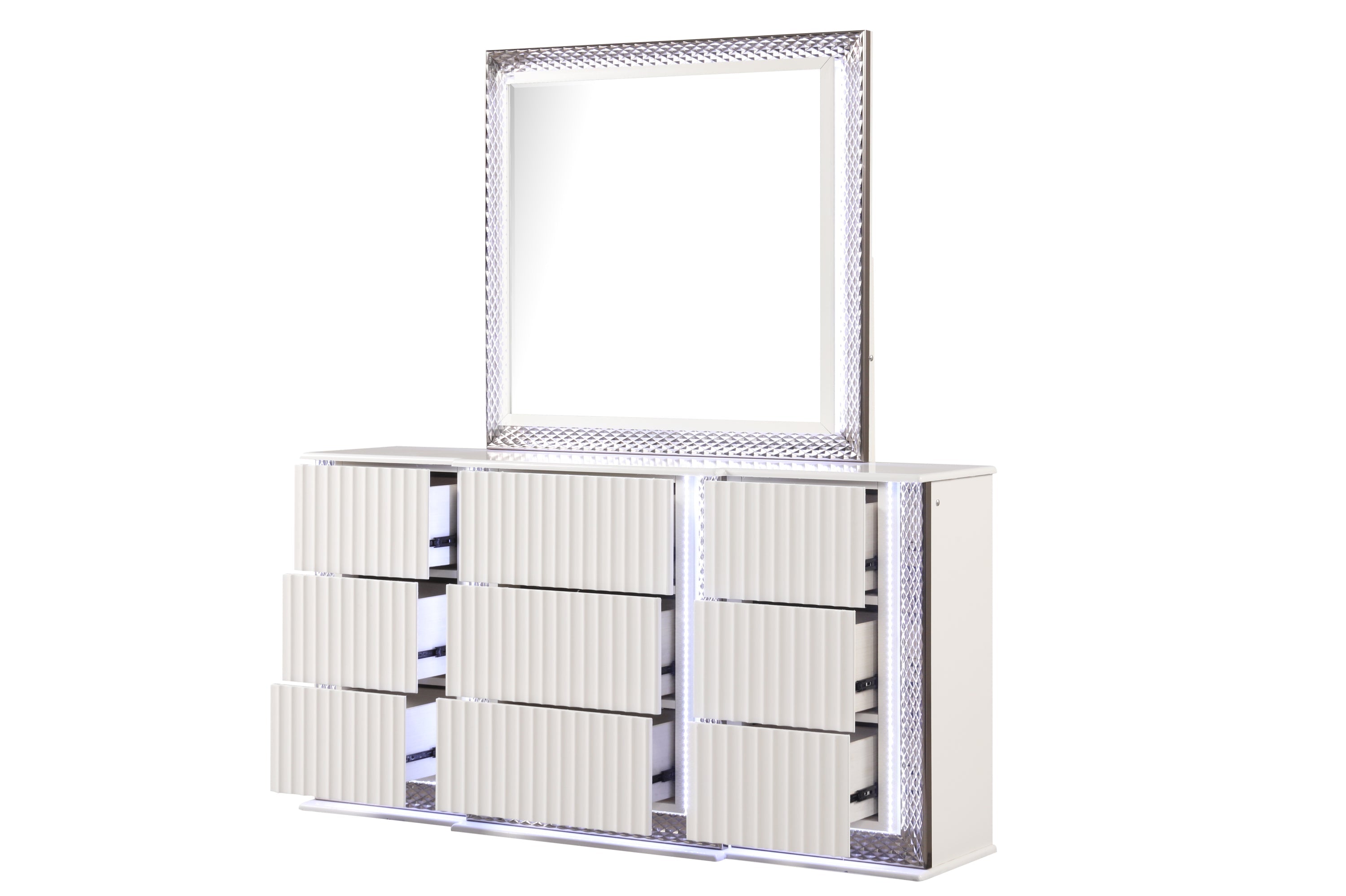 Fabio Contemporary Style Queen 5PC Bedroom set Made with Diamond-Shaped Side Accents, LED Lighting and Wood in White Finish (NJ INVENTORY)