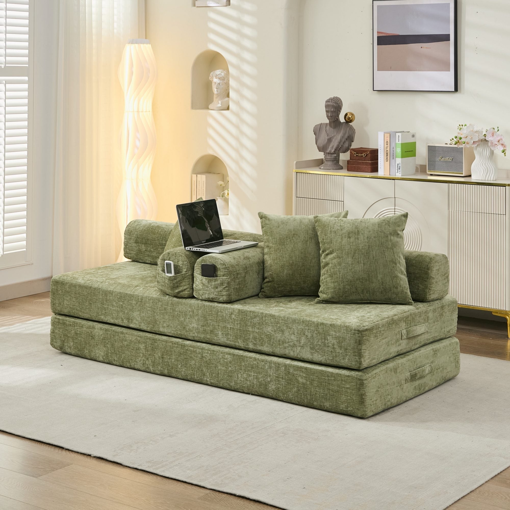 Comfy Convertible Folding Mattress Couch, Floor Sofa Bed, Chenille Floor Sofa with Armrest, Floor Sofa Lounge Couch for Living Room Bedroom Lounge Studio-Green