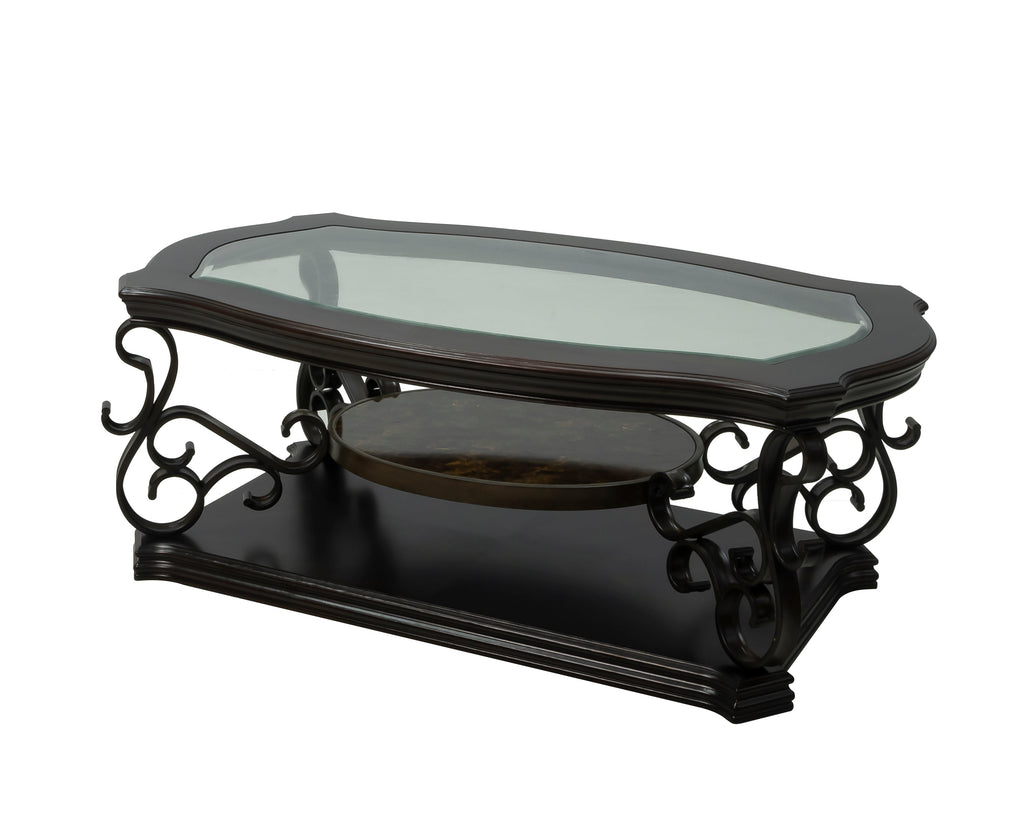 Cocktail Table, Glass table top, MDF W/marble paper middle shelf, powder coat finish metal legs. (52'Lx32'Wx20.3'H)