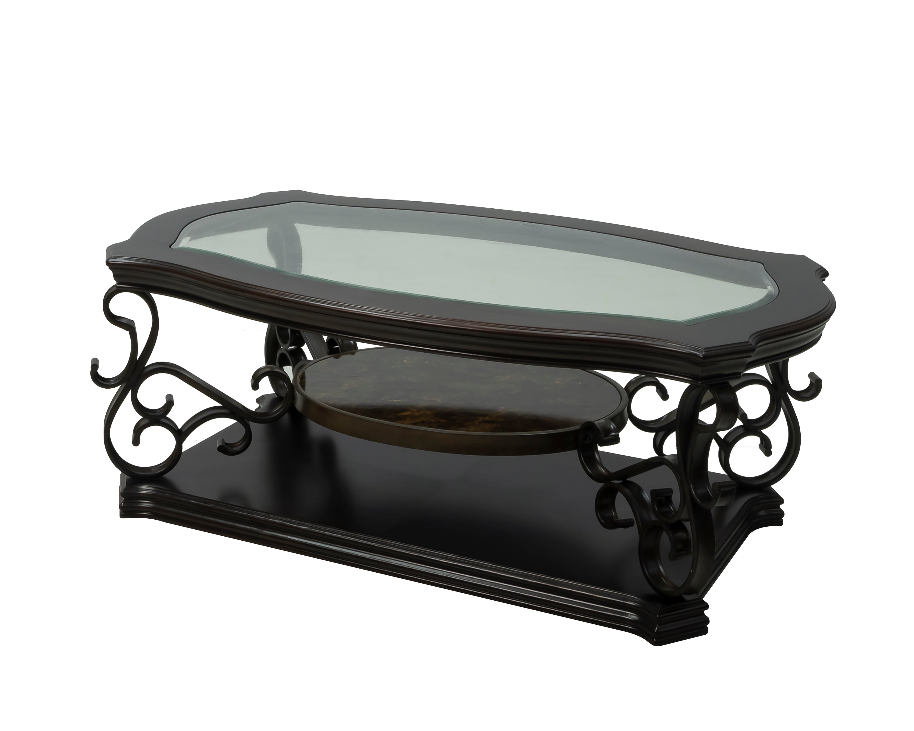 Cocktail Table, Glass table top, MDF W/marble paper middle shelf, powder coat finish metal legs. (52'Lx32'Wx20.3'H)