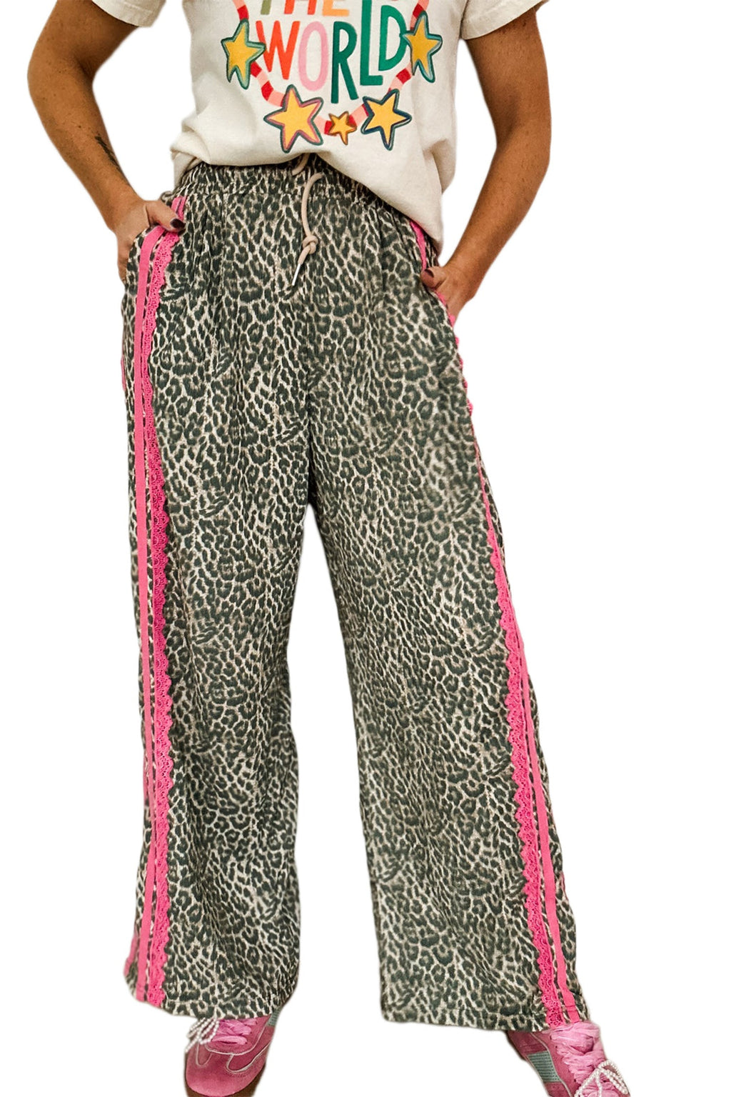 Leopard Contrast Lace Stripe Drawstring Pants