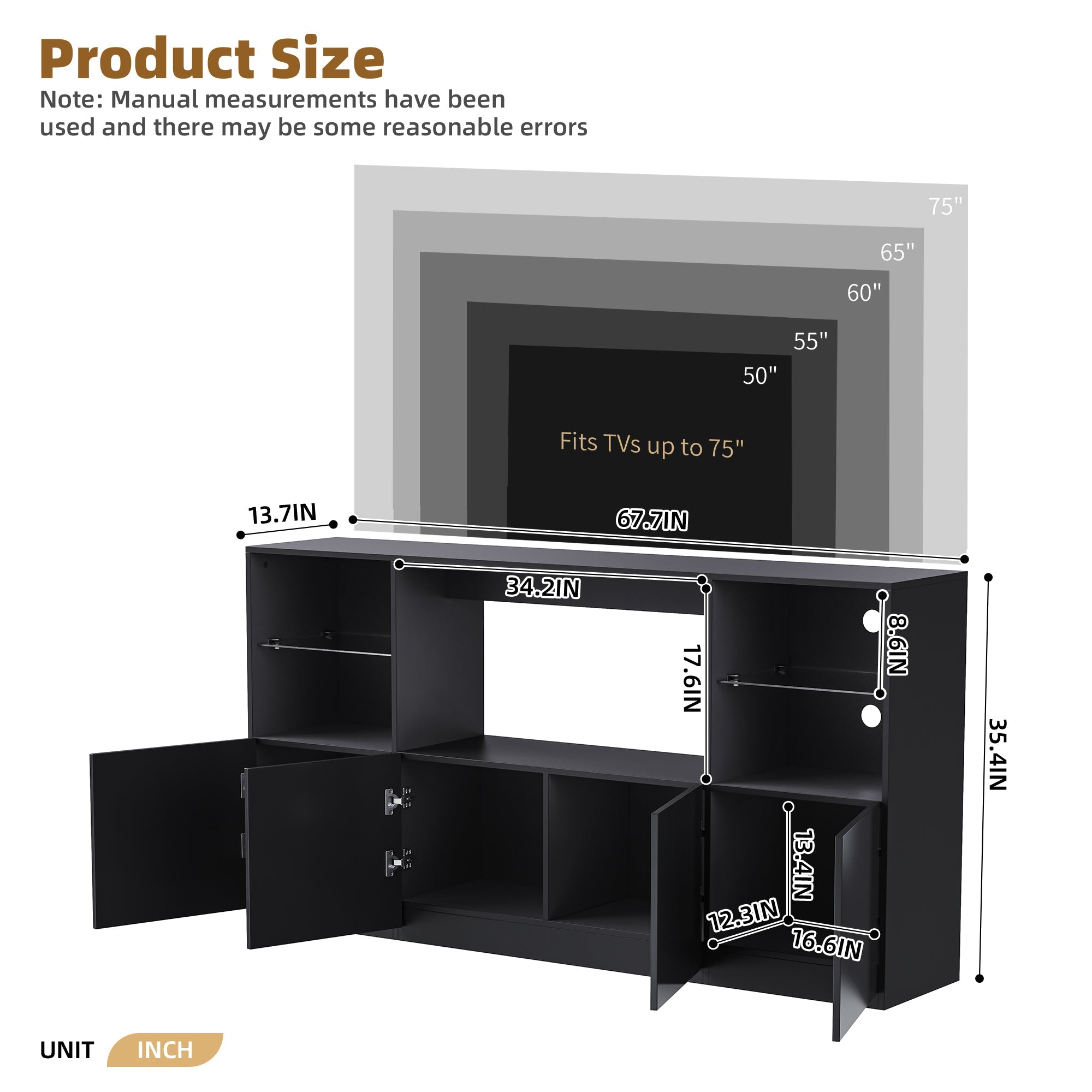 ON-TREND High Gloss TV Stand with LED Lights, Modern Sideboard with Large Storage Cabinet, Media Console with Tempered Glass Shelves for TVs up to 75', Living Room, Black, 67'Wx13.7'D
