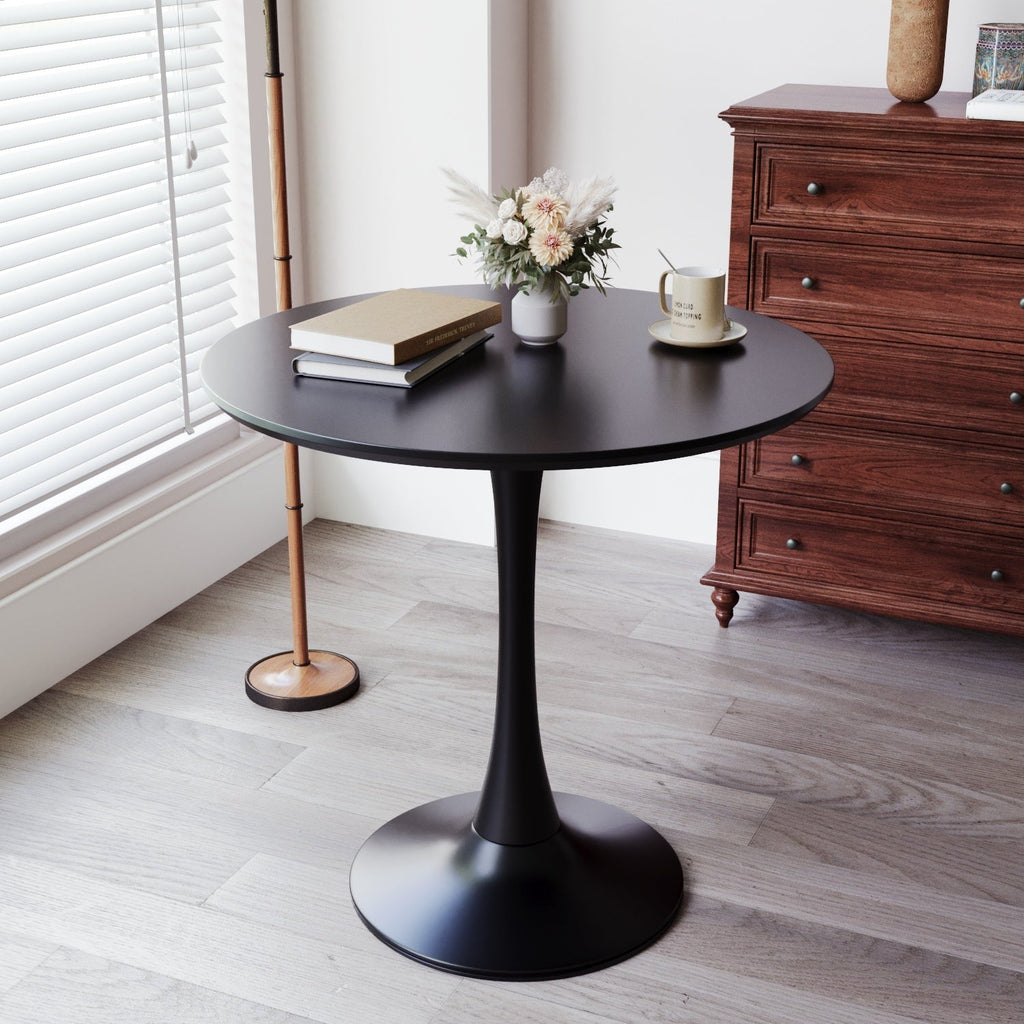 Mid-Century Black Round Dining Table with MDF Top & Pedestal Base for 2-4 People