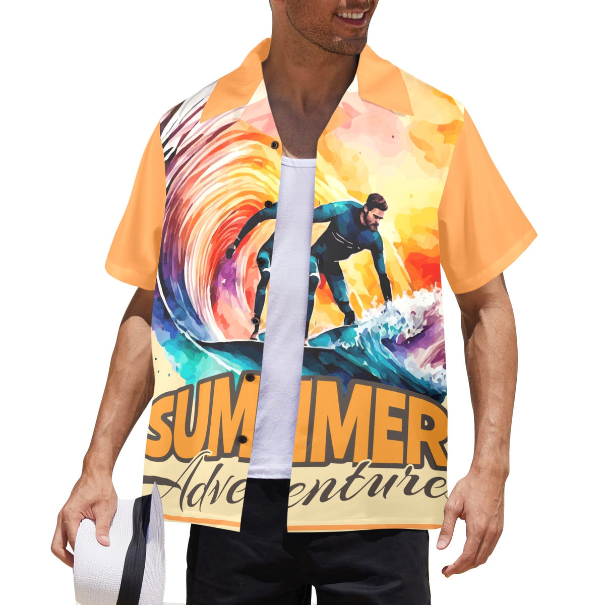 Summer Adventures Men's Orange Button Front Hawaiian Shirt