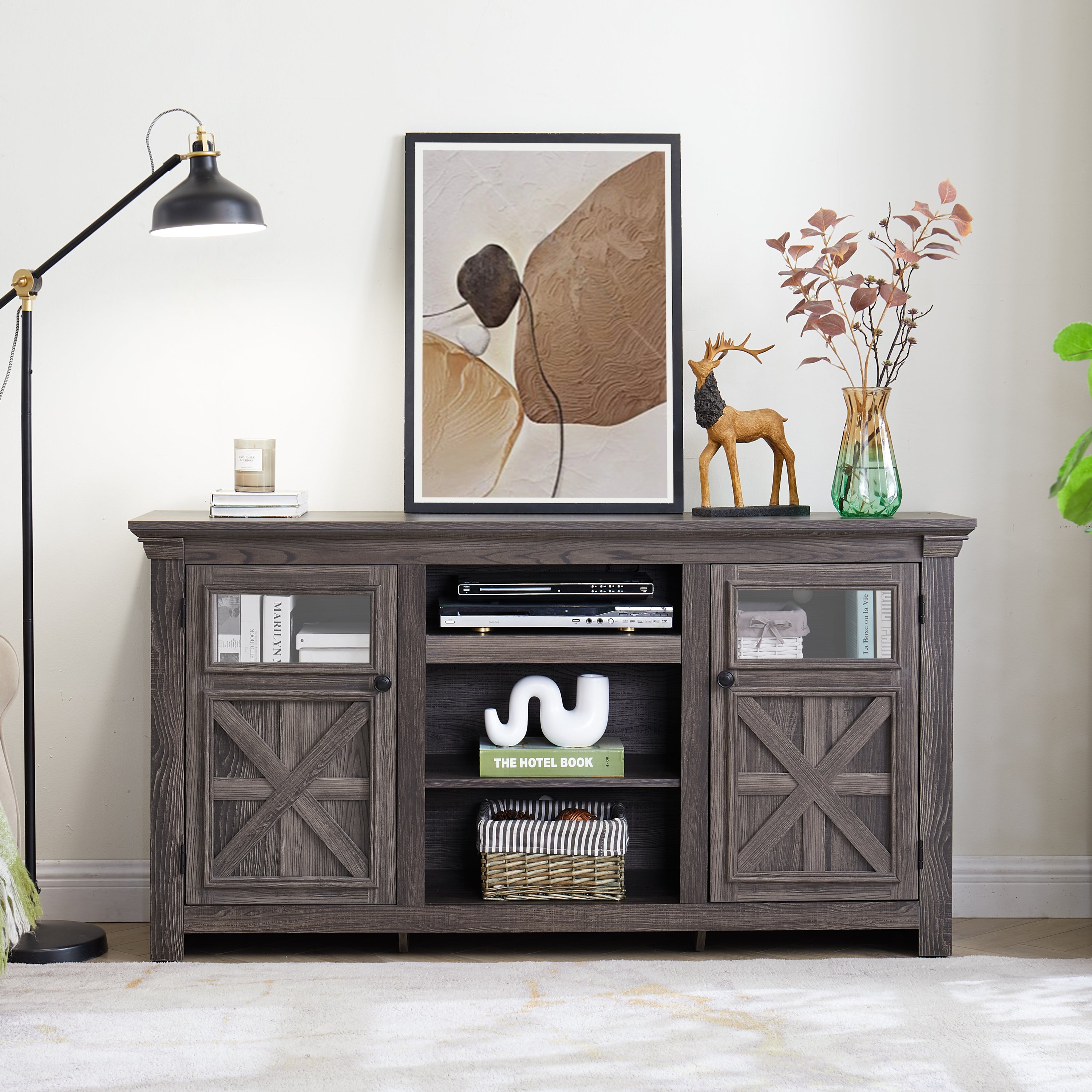 2 Doors Cabinet Farmhouse  Cabinet, Farmhouse TV Stand Barn Design,Modern Farmhouse TV Media Stand, Large Barn Inspired Home Entertainment Console,GREY, 60.23'W*15.35'D*31.7'H