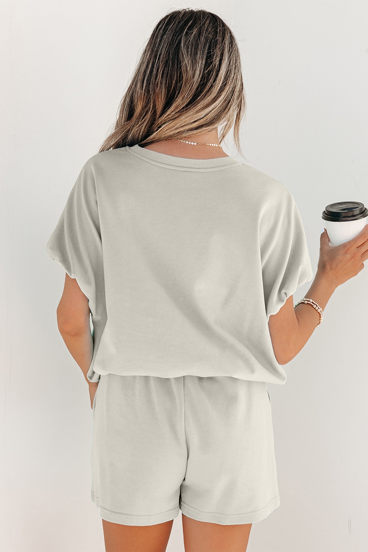 Solid Puff Sleeve Top & Drawstring Shorts Set