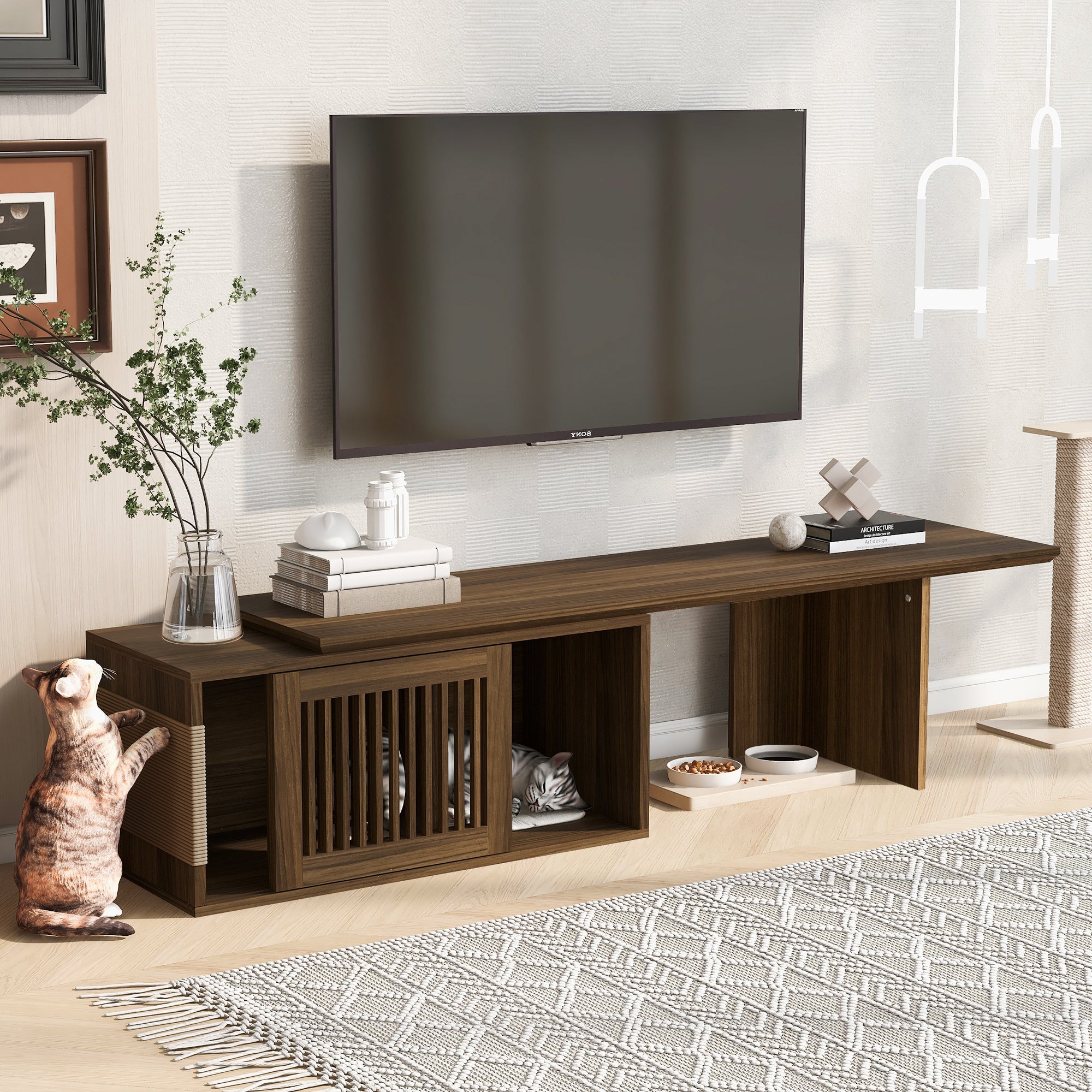Mid-Century Modern 2 in 1 Cat Furniture Walnut TV Stand With Extendable table,  Litter Box Enclosure with Cat Scratcher