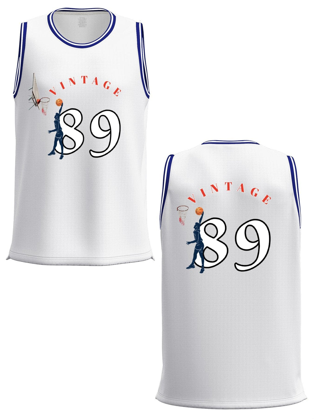 Vintage 89 Adult White with Blue Trim Basketball Jersey | Ships From USA