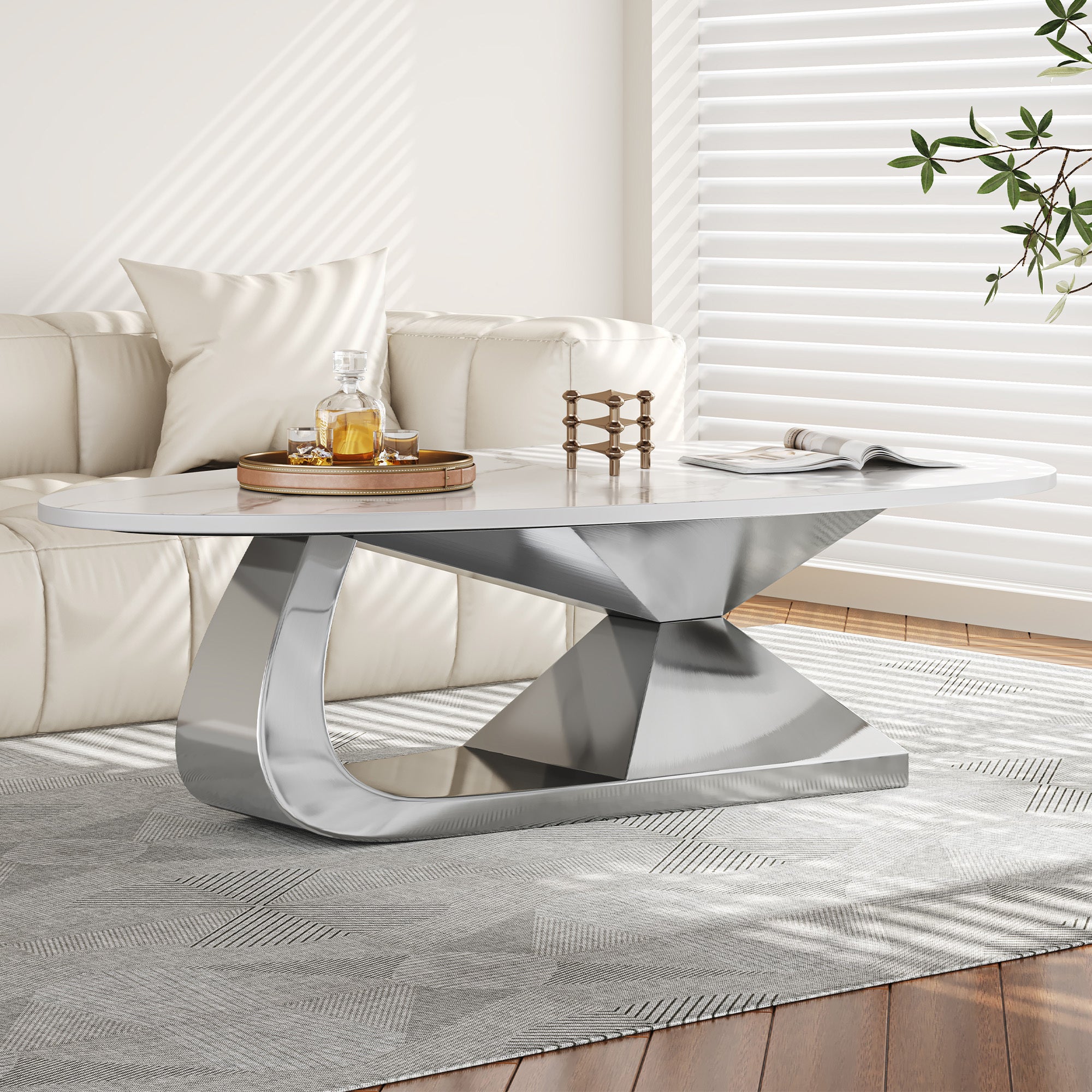 Modern Sintered Stone Tabletop Coffee Table with Stainless Steel Base - Elegant and Durable Living Room Centerpiece