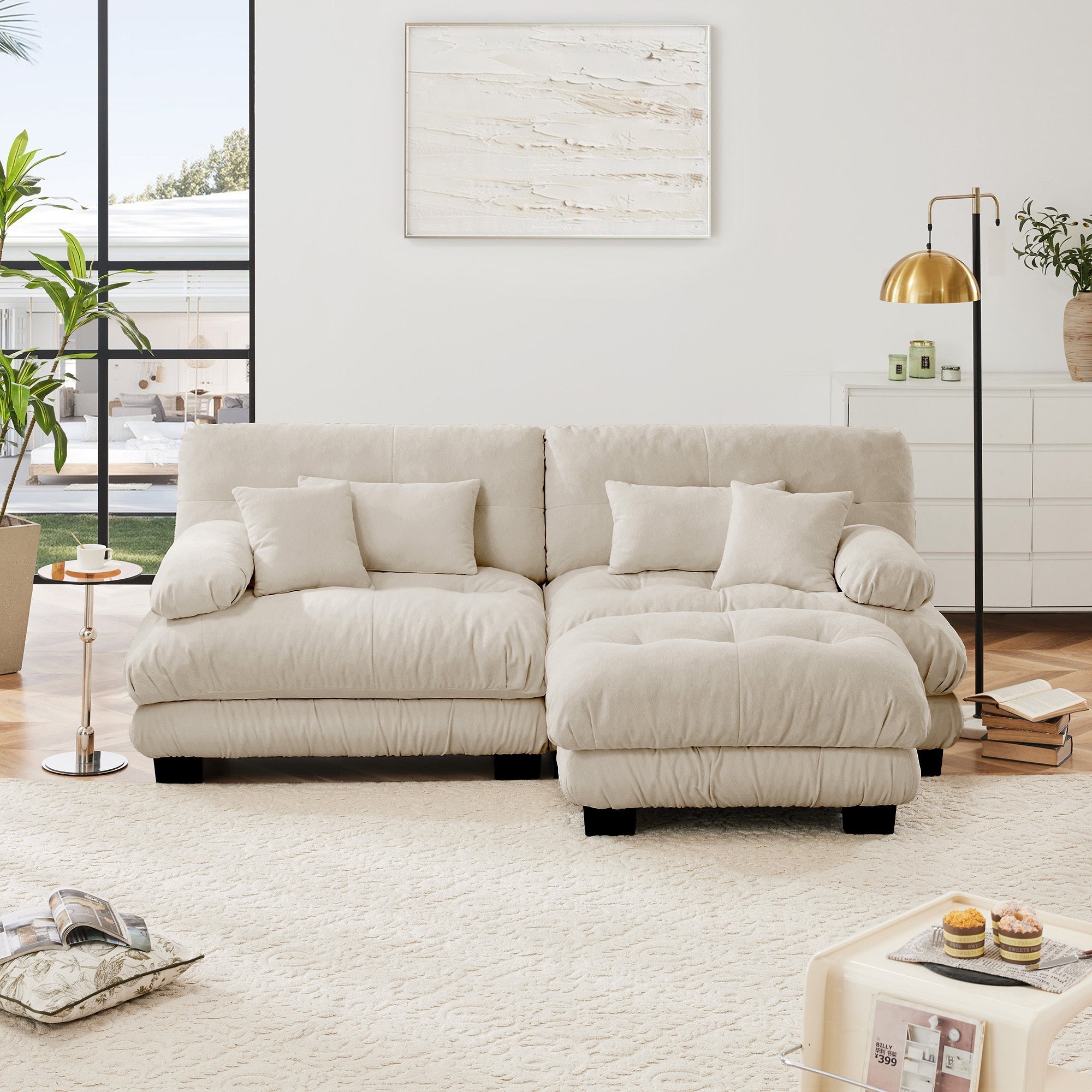 Cloud Couch Sectional Sofa for Living Room, Chenille 2 Seater Sofa with 2 Lumbar pillows and 2 throw pillows , Upholstered Wide Arm Sofa with Convertible Ottoman,Chenille Light coffee