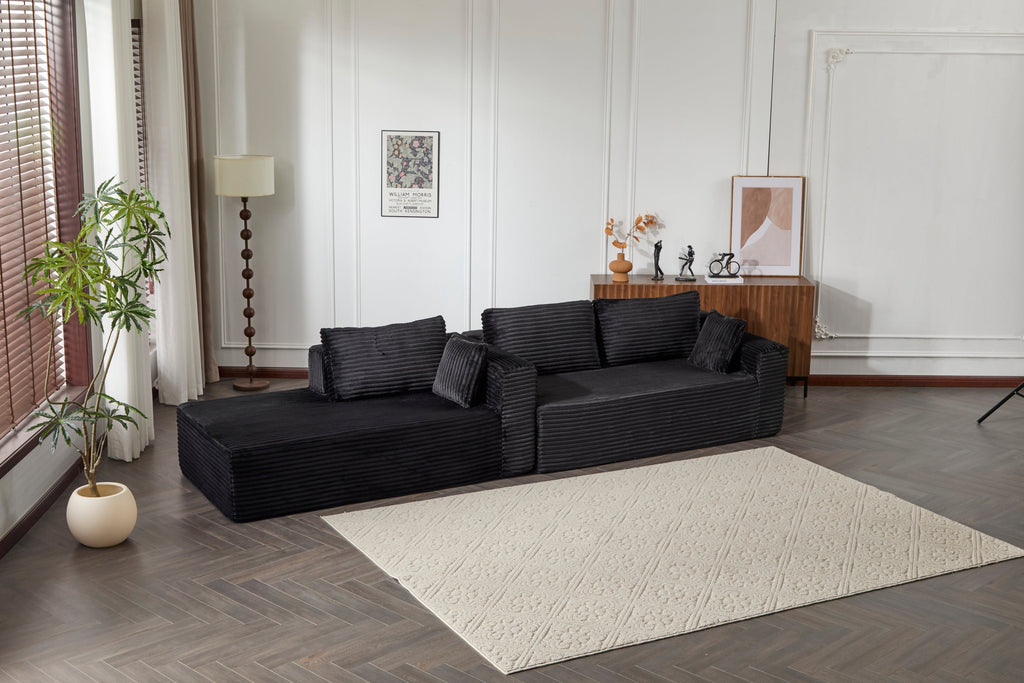 Compression Sectional Couch with Comfy Chaise, Boneless L Shape Sofa with Deep Seat, Minimalist Modular Couches Sleeper for Living Room Bedroom Apartment Lounge,corduroy,Black