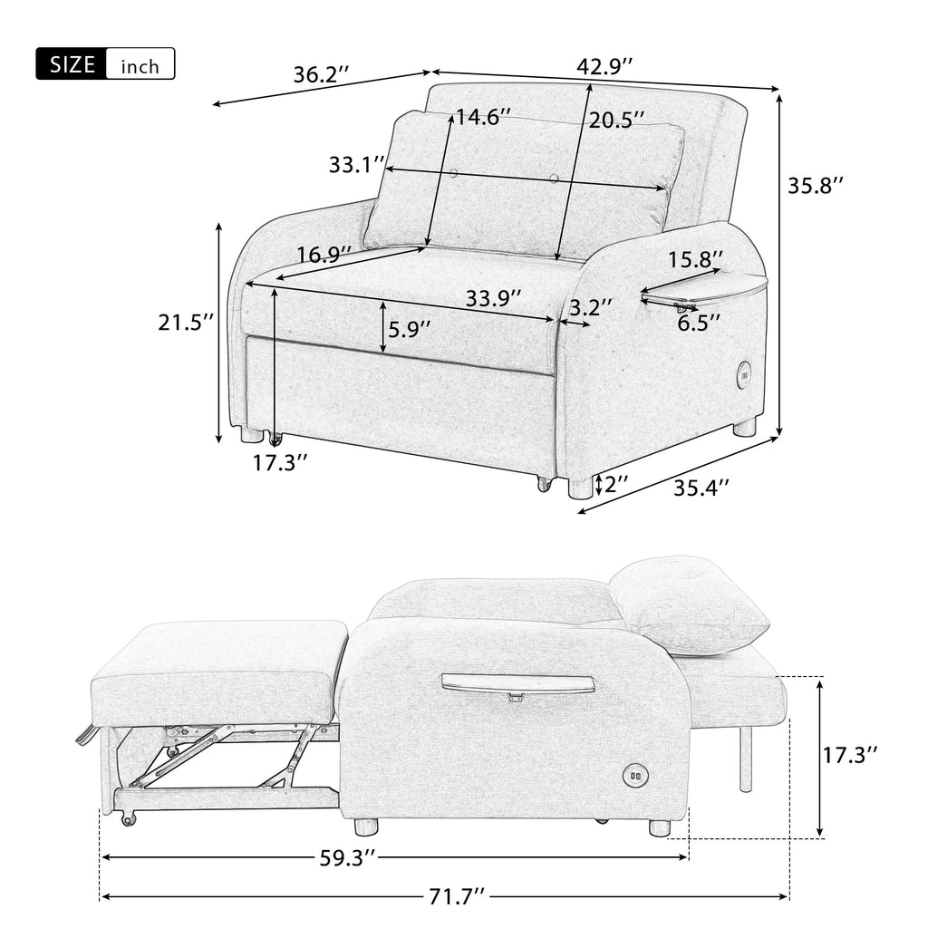 3-in-1 Pull Out Sofa Sleeper with Wing Table and USB Charge, Gray Linen, Iron Frame, 36.2-71.7'D x 42.9'W x 35.8'H