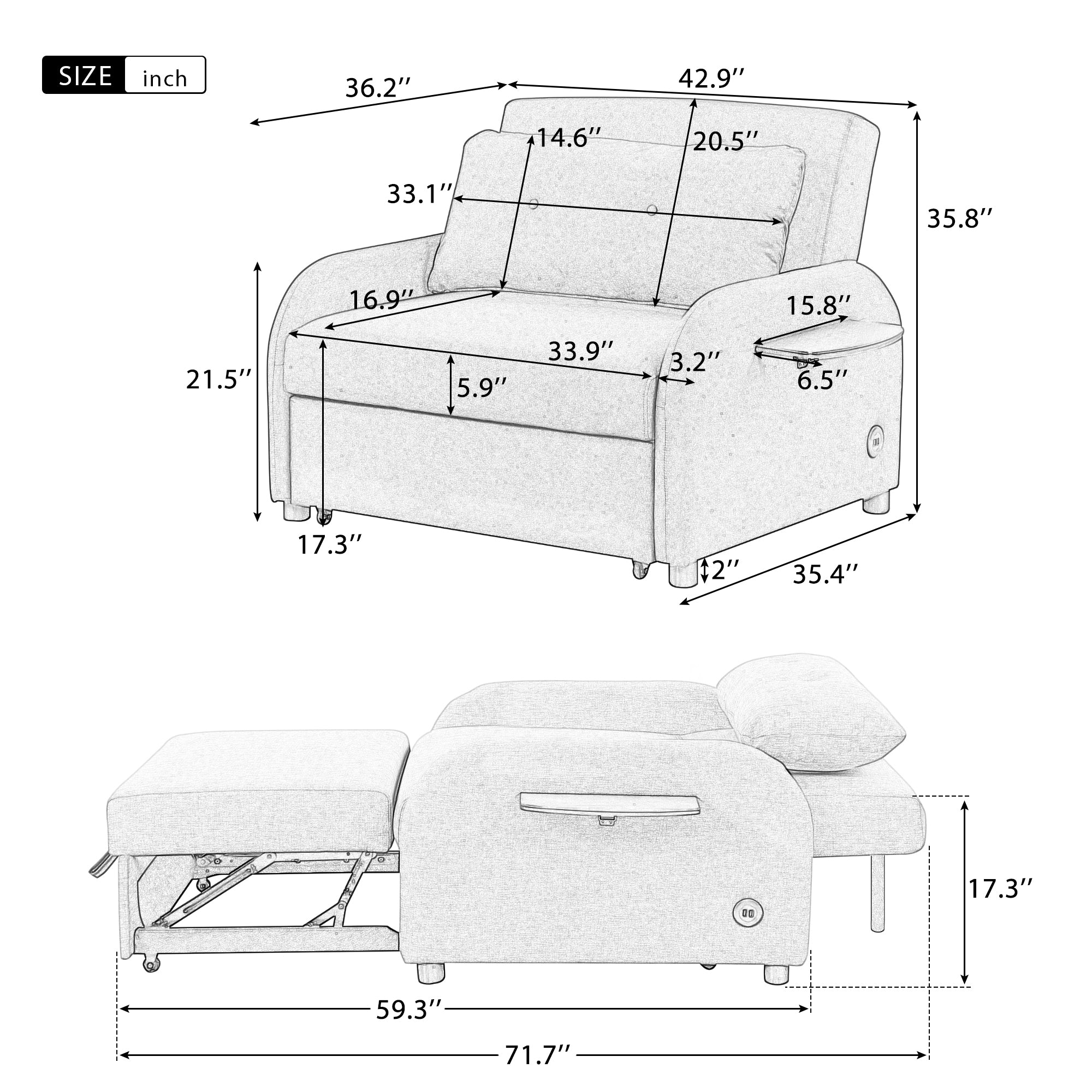 3-in-1 Pull Out Sofa Sleeper with Wing Table and USB Charge, Gray Linen, Iron Frame, 36.2-71.7'D x 42.9'W x 35.8'H