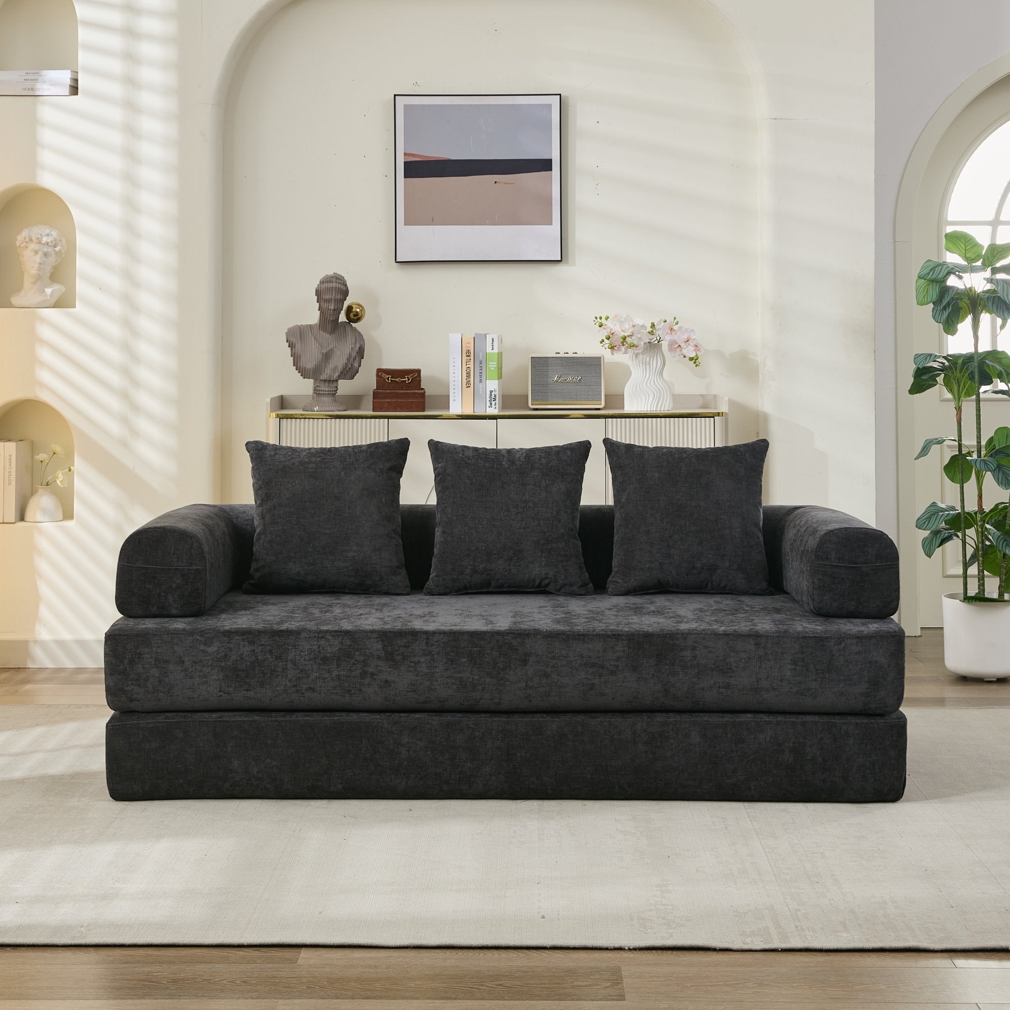 Comfy Convertible Folding Mattress Couch, Floor Sofa Bed, Chenille Floor Sofa with Armrest, Floor Sofa Lounge Couch for Living Room Bedroom Lounge Studio-Black