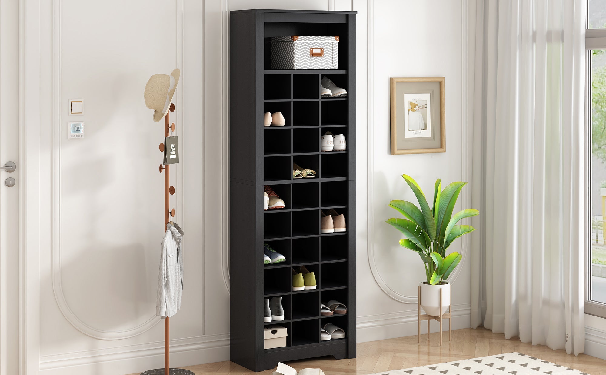 ON-TREND Stylish Design 30 Shoe Cubby Console, Contemporary Shoe Cabinet with Multiple Storage Capacity, Free Standing Tall Cabinet with Versatile Use for Hallway,  Bedroom, Black