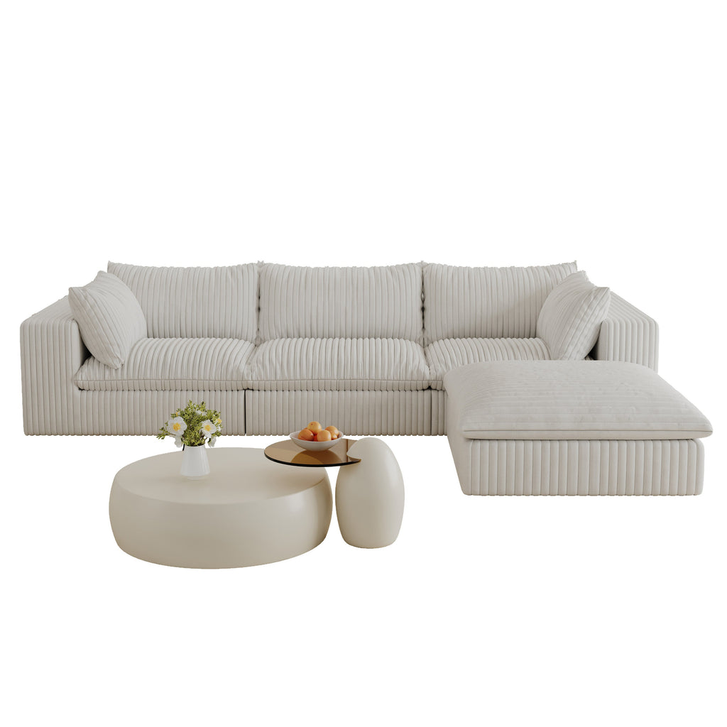 118.2' Cloud Sofa,Corduroy Fabric,Deep Seat Couches,Double-layer design,Removable Cushion,No Assembly, DIY Combination for Living room, Bedroom,Conference room ,Apartment,White