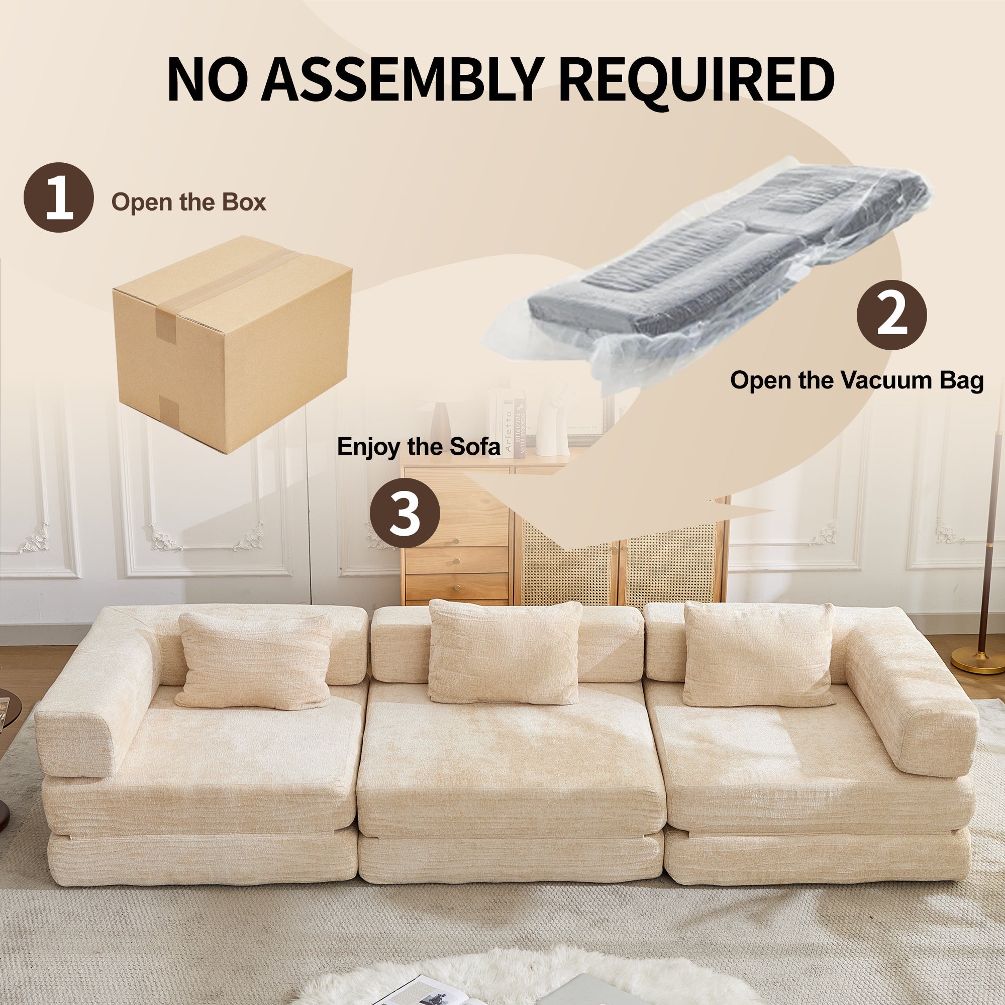 Compression Sofa,Convertible Floor Sofa Bed with Fixed-Shape Frame, Boneless Modular Sectional Sofa,No Assembly Required,Chenille fabric,for Living Room Bedroom,Beige