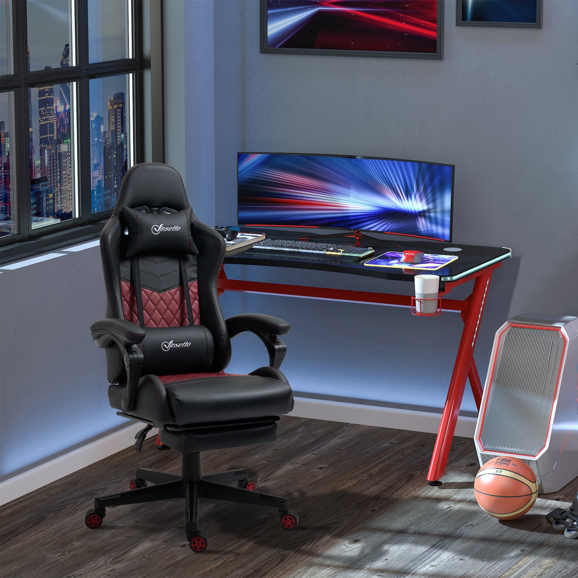 Vinsetto Racing Gaming Chair Diamond PU Leather Office Gamer Chair High Back Swivel Recliner with Footrest, Lumbar Support, Adjustable Height, Black