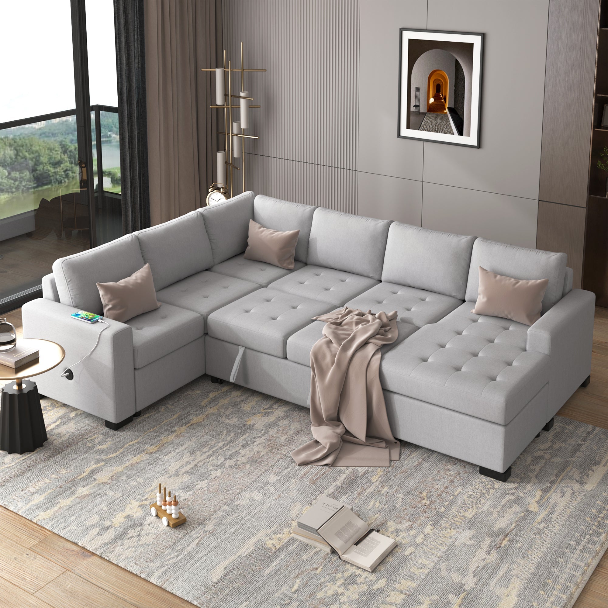 U_Style Sectional Sleeper Sofa with Pull-out Bed and Lounge Chair, USB and Type-C Interfaces, Suitable for Living Room, Office, and Spacious Spaces