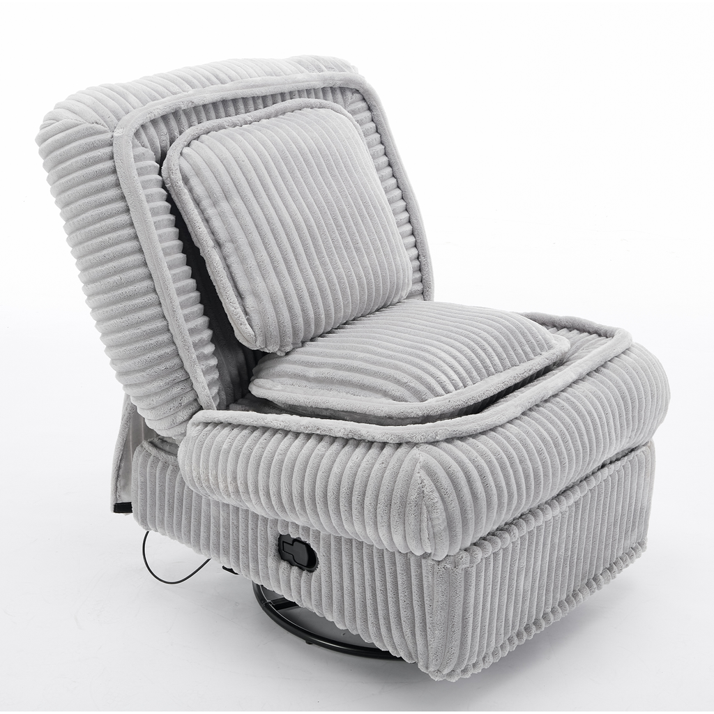[NEW ARRIVED] 360° Swivel Rocking Single Sofa,Recliner Sofa, Manual Glider Rocking Armless Chair,Living Room Office, With Adjustable Backrest and Footrest and pillows, Small Spaces,Corduroy , Gray
