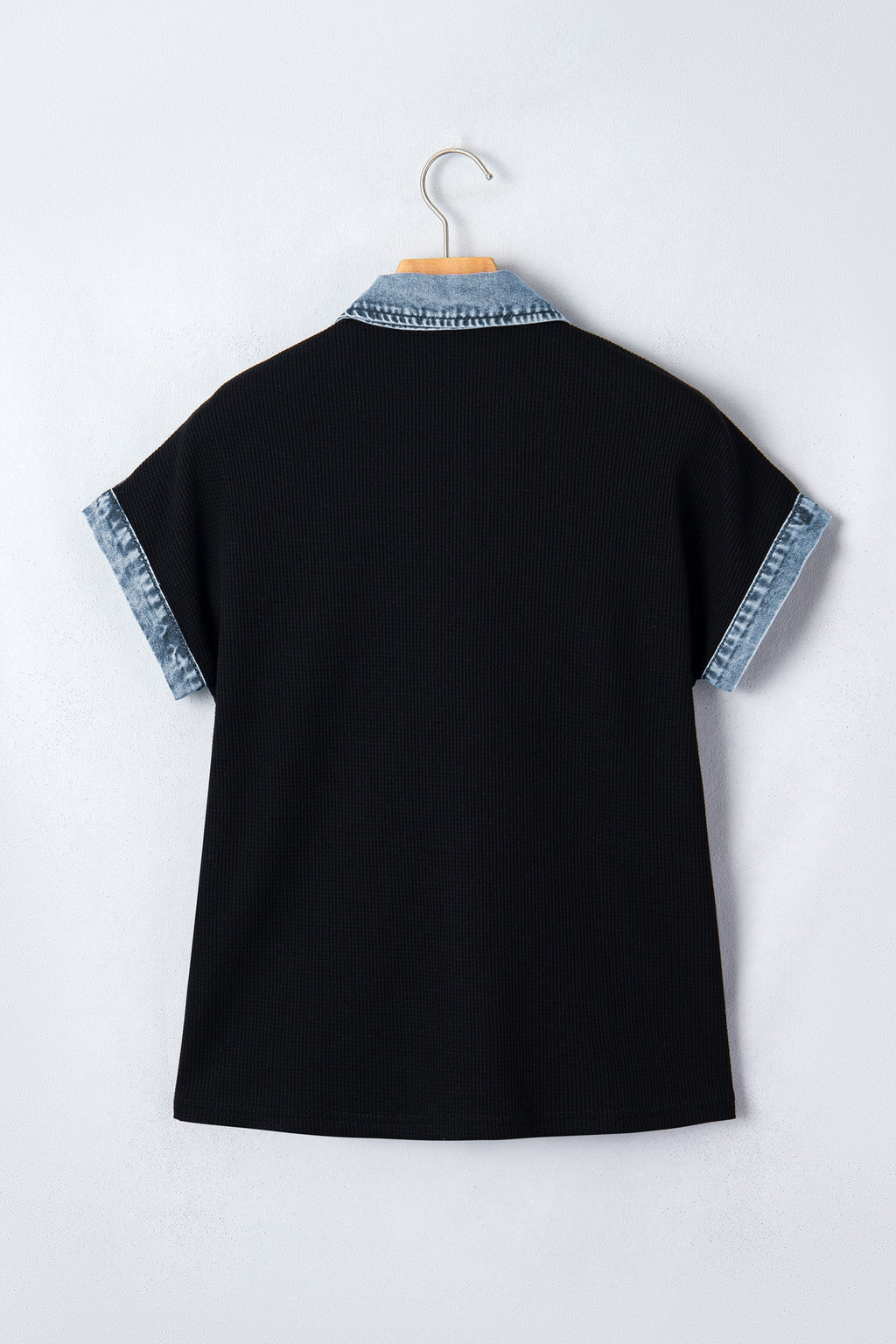 Colorblock Denim Patchwork Waffle Knit Buttoned Shirt