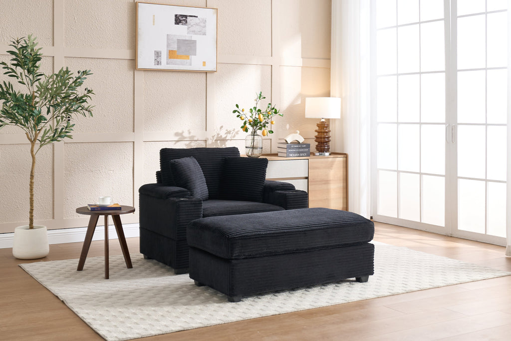 [VIDEO/New]Corduroy Upholstered Chaise Lounge Sofa with Handrail storage,Movable ottoman,Cupholders,Detachable Cushions Deep Seat for Living Room Office,5 colour,Wide stripe corduroy