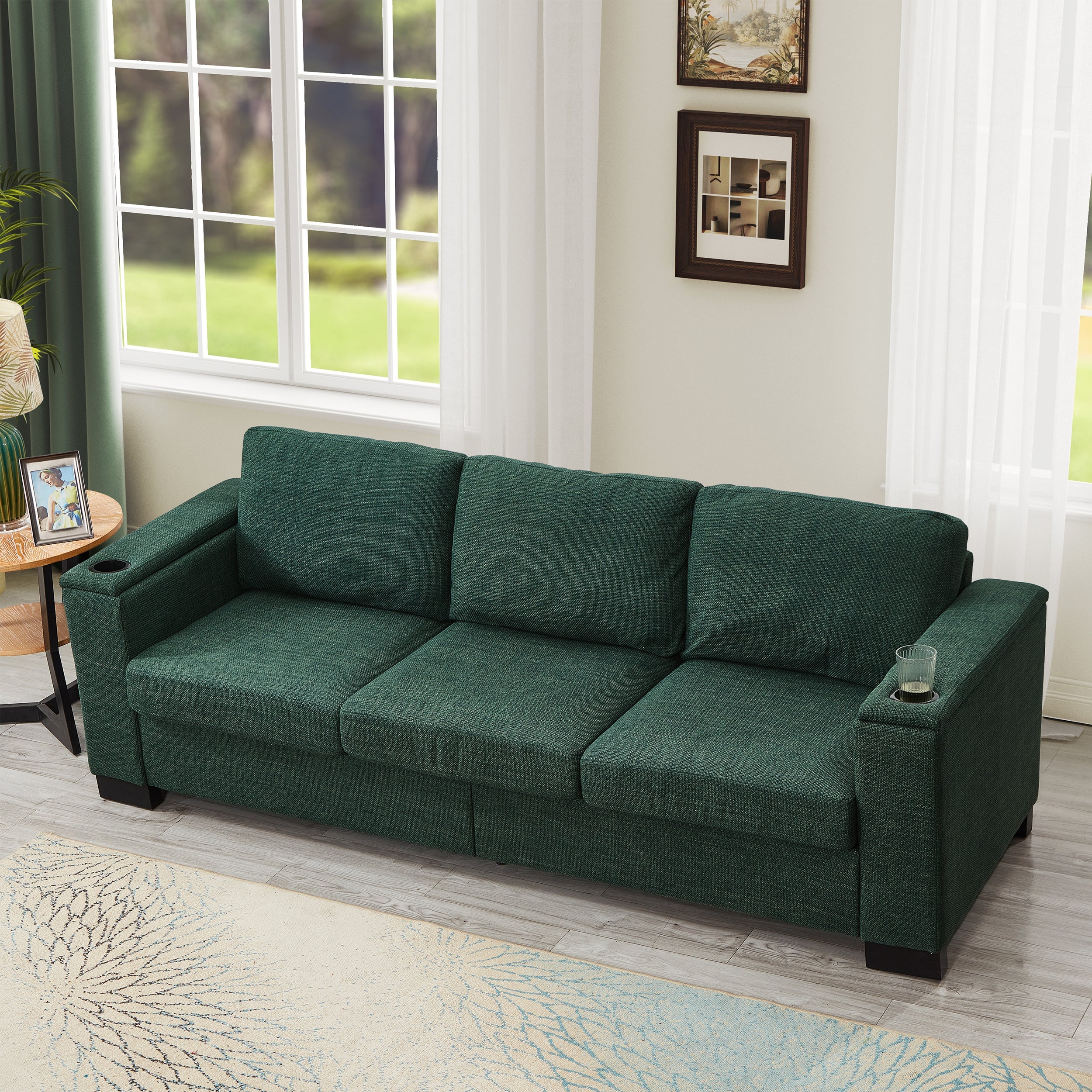 93.7' Modern Style Living Room Sofa Fabric Couch,Square Arm Sofa with Cup Holder,Storage Sofa,Upholstered Polyester Green.