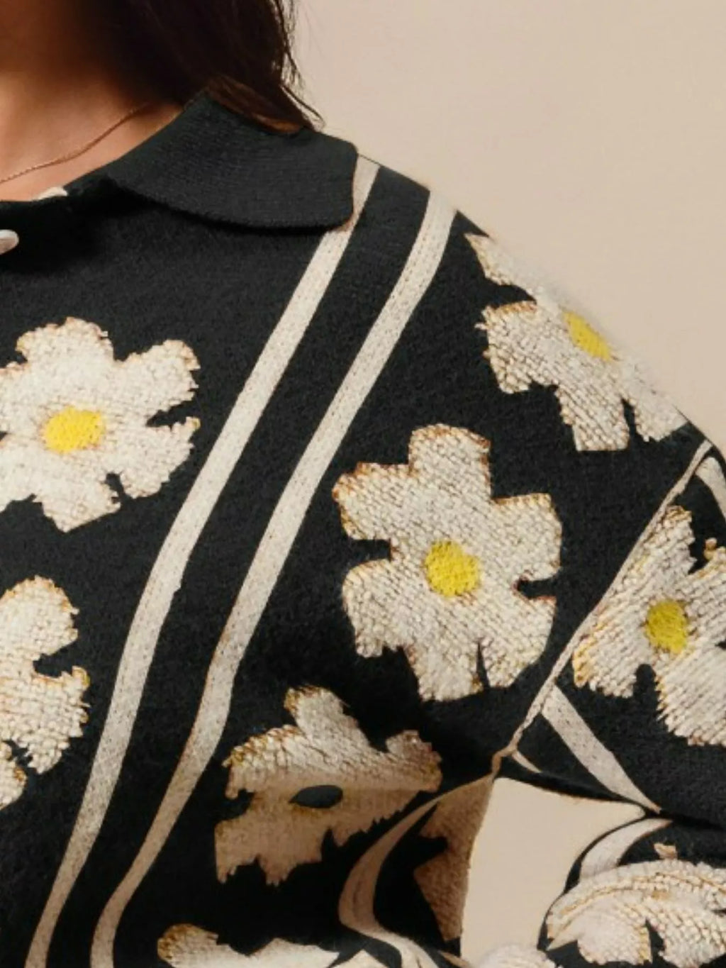 So Me Floral Stripe Polo Collar Sweater For Women Casual
