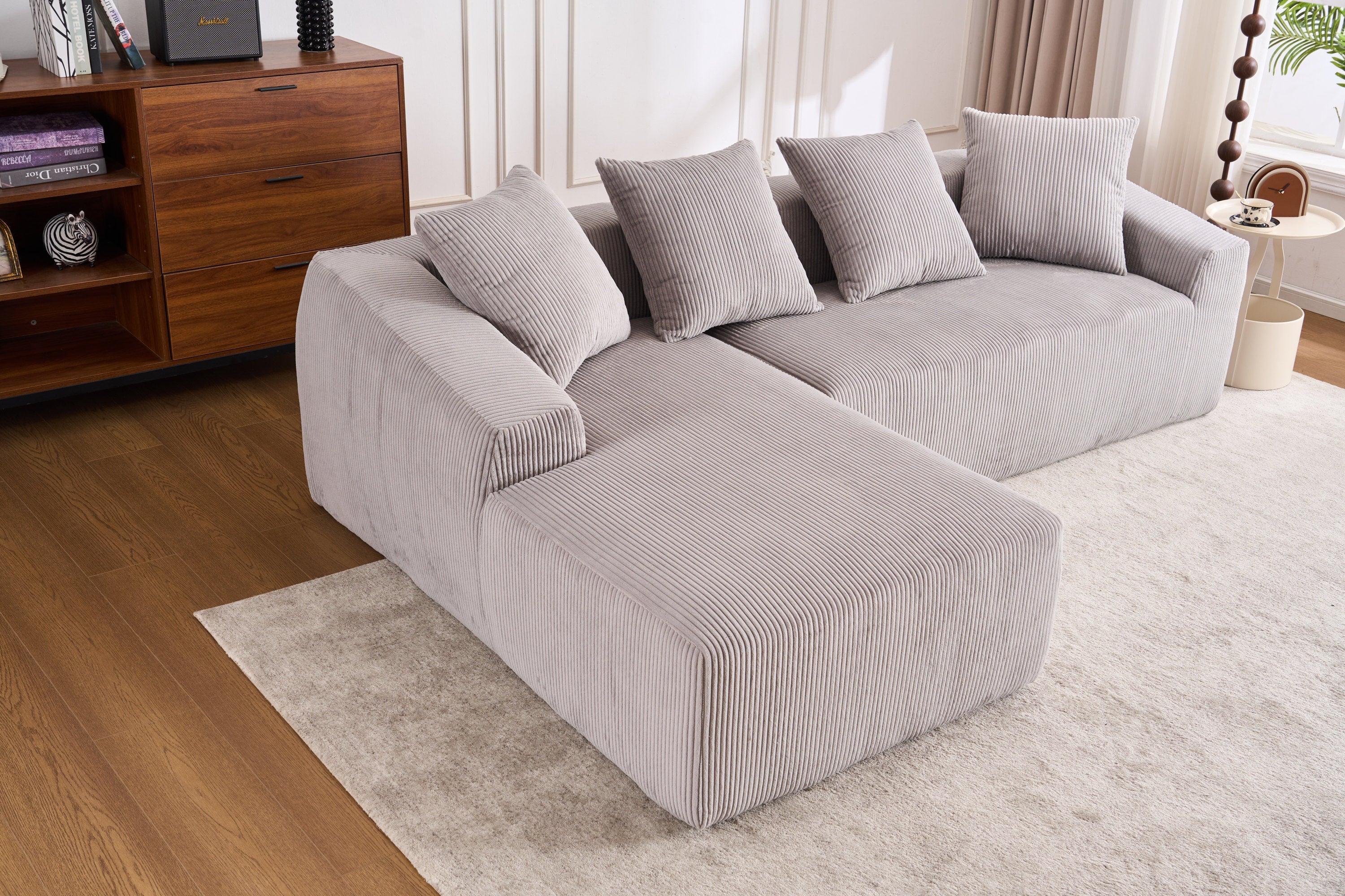 LY-023 LIGHT GREY COMPRESSION SOFA: Combining chaise longue with 3-seater, Corduroy Fabric, full sponge compression sofa,combined sofa with 4 pillows for living/ Home Furniture/ Apartment