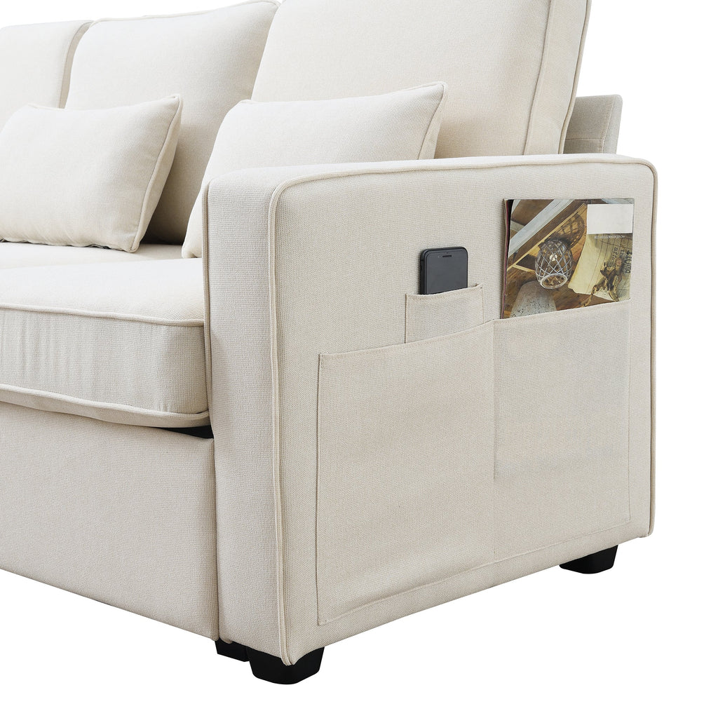 [VIDEO provided] [New] 104' 4-Seater Modern Linen Fabric Sofa with Armrest Pockets and 4 Pillows,Minimalist Style Couch for Living Room, Apartment, Office,3 Colors