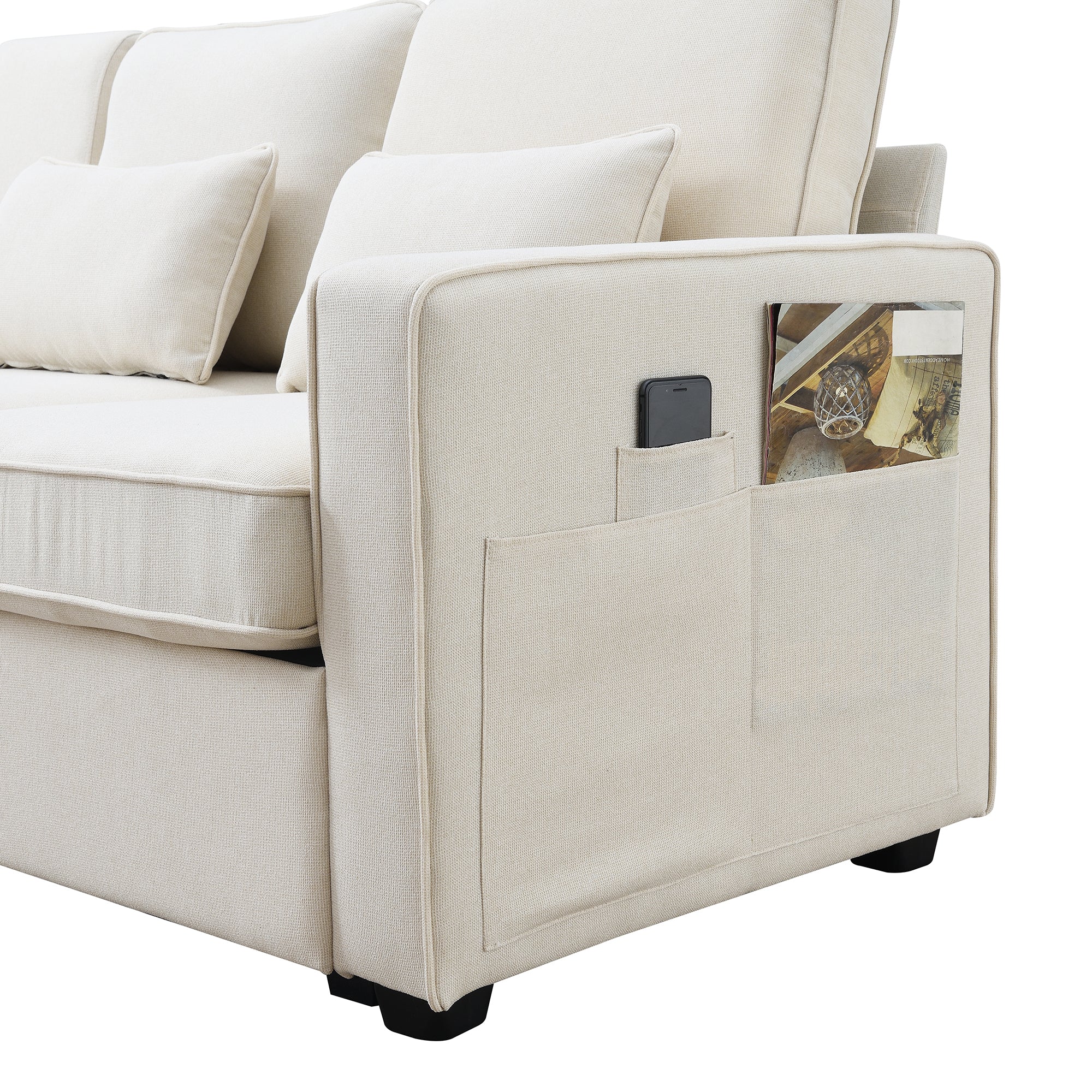 [VIDEO provided] [New] 104' 4-Seater Modern Linen Fabric Sofa with Armrest Pockets and 4 Pillows,Minimalist Style Couch for Living Room, Apartment, Office,3 Colors