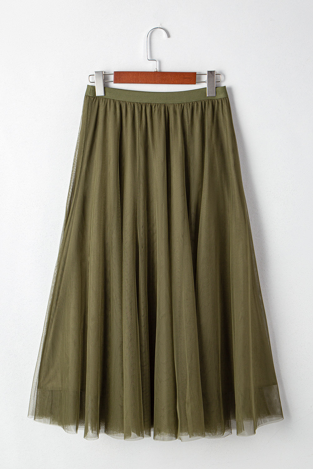 Solid Tulle Mesh Overlay Flared Midi Skirt