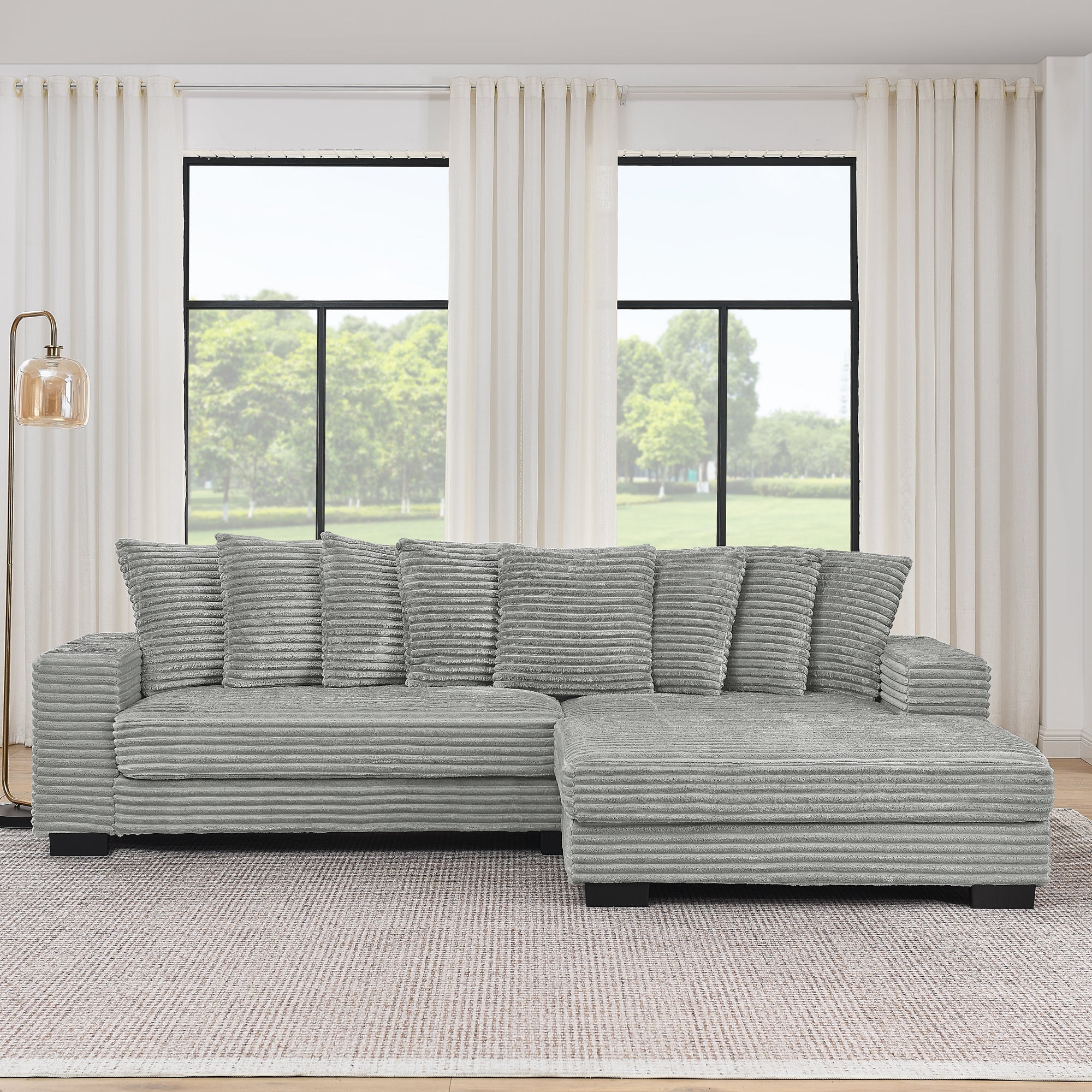 Corduroy Tufted Upholstered Sleeper Sectional Sofa, L-Shaped Modular Convertible Sofa , Can freely change the position of the footrests-Gray(Assembly is required)