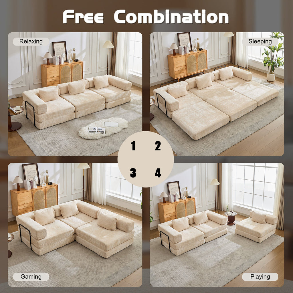 Compression Sofa,Convertible Floor Sofa Bed with Fixed-Shape Frame, Boneless Modular Sectional Sofa,No Assembly Required,Chenille fabric,for Living Room Bedroom,Beige