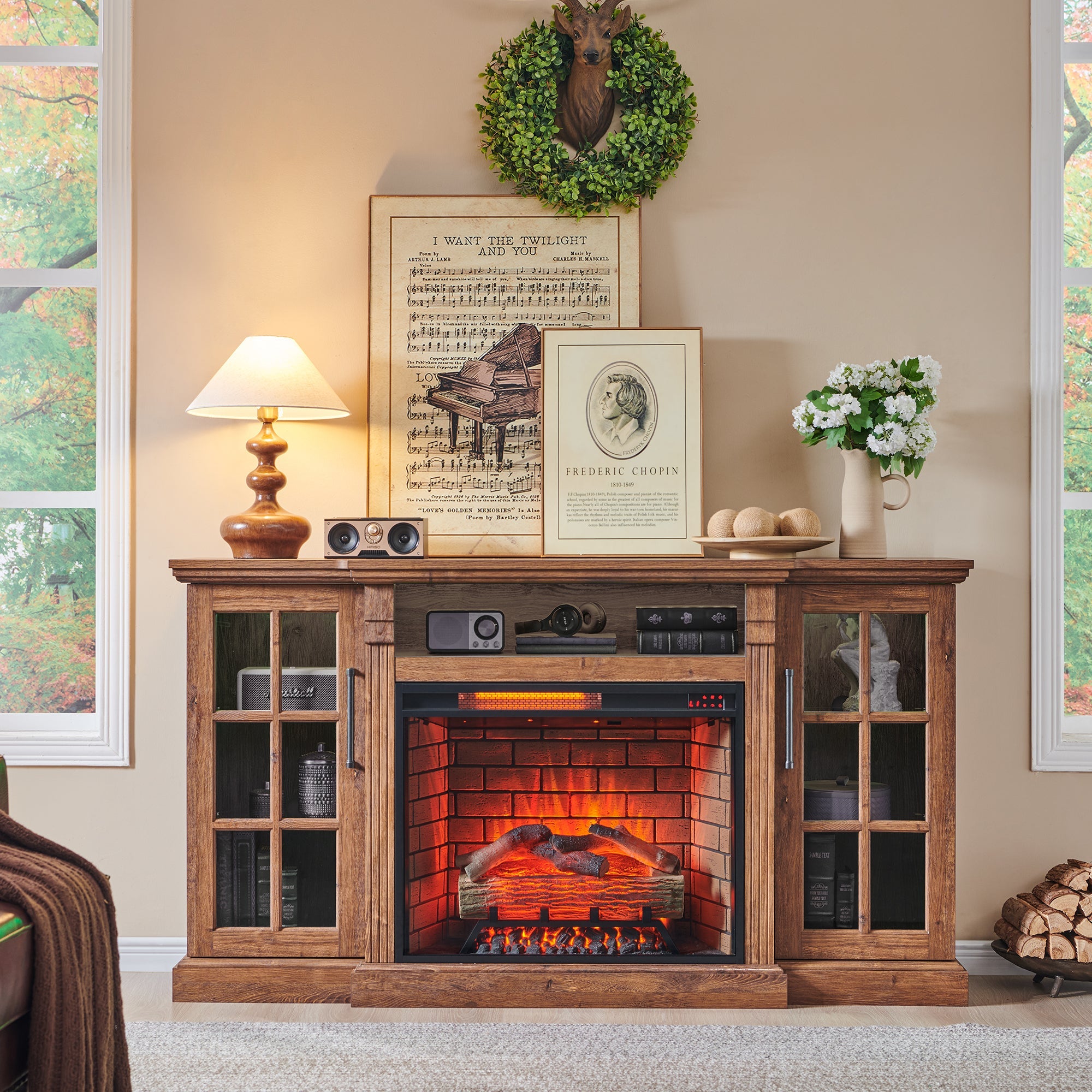 65' Fireplace TV Stand for TVs up to 75',with 28' Electric Fireplace and LED Light