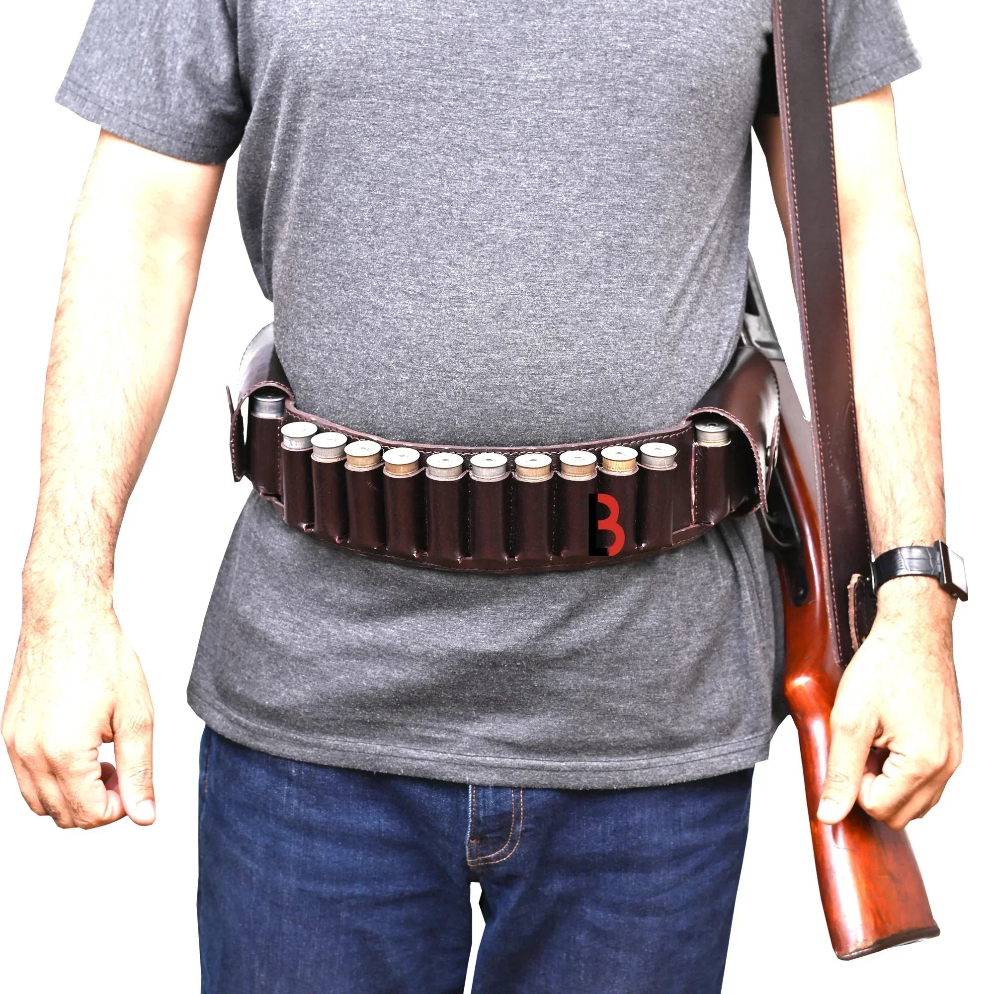 Cowhide Leather Shotshell Bandolier Cartridge Belt Two Flap Ammunition Carrier