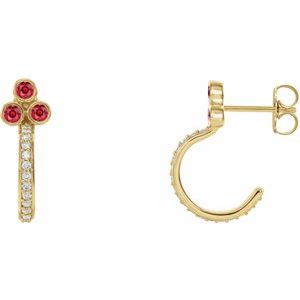 14K Yellow Gold Natural Ruby & 1/4 CTW Natural Diamond J-Hoop Earrings