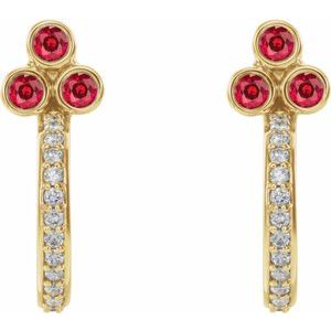 14K Yellow Gold Natural Ruby & 1/4 CTW Natural Diamond J-Hoop Earrings