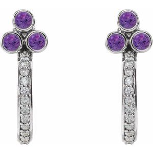 14K White Gold Natural Amethyst & 1/4 CTW Natural Diamond J-Hoop Earrings