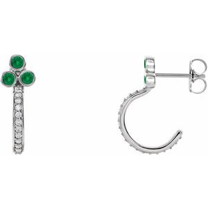 14K White Gold Natural Emerald & 1/4 CTW Natural Diamond J-Hoop Earrings