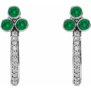 Sterling Silver Natural Emerald & 1/4 CTW Natural Diamond J-Hoop Earrings