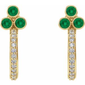 14K Yellow Gold Natural Emerald & 1/4 CTW Natural Diamond J-Hoop Earrings