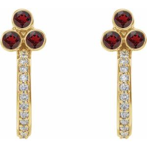 14K Yellow Gold Natural Mozambique Garnet & 1/4 CTW Natural Diamond J-Hoop Earrings – image 2
