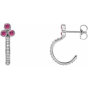 Sterling Silver Natural Pink Tourmaline & 1/4 CTW Natural Diamond J-Hoop Earrings