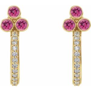 14K Yellow Gold Natural Pink Tourmaline & 1/4 CTW Natural Diamond J-Hoop Earrings