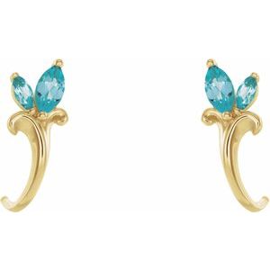 14K Yellow Gold Natural Blue Zircon Floral J-Hoop Earrings