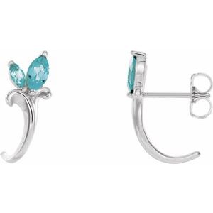 14K White Gold Natural Blue Zircon Floral J-Hoop Earrings