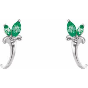 14K White Gold Lab-Grown Emerald Floral J-Hoop Earrings – image 2