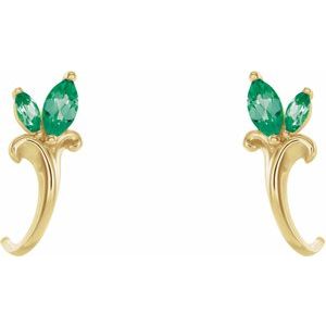 14K Yellow Gold Lab-Grown Emerald Floral J-Hoop Earrings